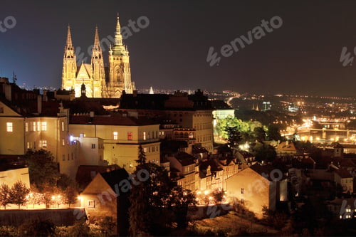 Preview: The View On Bright Prague With Gothic Castle In The Night, Czech Republic
