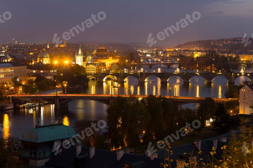 Preview: Night Prague City With Its Cathedrals, Towers And Bridges, Czech Republic