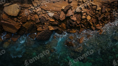 Preview: Aerial View Of Waves, Rocks And Transparent Sea. Summer Seascape. Top View From Drone. Rocky