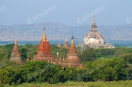 Preview: The Tops Of Ancient Buddhist Temples On A Sunny Afternoon. Bagan, Myanmar