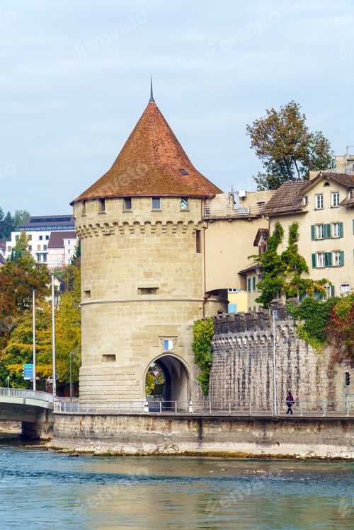Preview: Tower (Nolliturm) Near Reuss River Part Of City Wall (Museggmauer), Lucerne, Switzerland