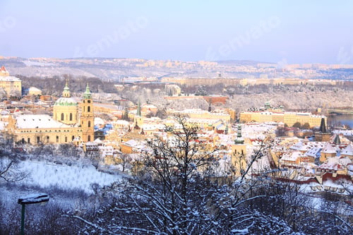Preview: Snowy Prague With St. Nicholas' Cathedral In The Sunny Day, Czech Republic