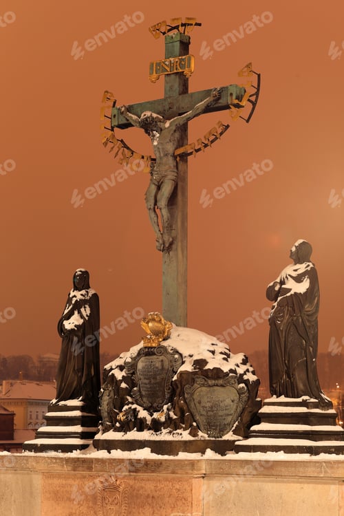 Preview: Night Colorful Snowy Sculptures From The Charles Bridge, Czech Republic