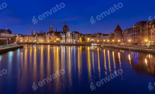 Preview: City Embankment And Facades Of Medieval Houses In The Old City At Dawn. Gdansk. Poland.