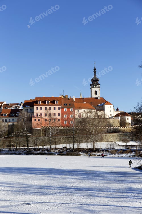 Preview: Colorful Royal Snowy Medieval Town Pisek Above The Frozen River Otava, Czech Republic