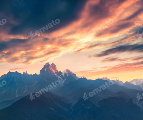 Preview: Fantastic Summer Sunrise In The Caucasus Mountains With Ushba Peak On Background. Impressive
