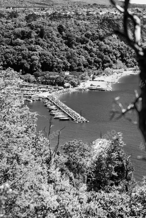 Preview: Gulf Of Trieste. High Cliffs Between Boats, Karst Rocks And Ancient Castles. Black And White