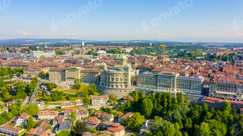 Preview: Bern, Switzerland. Federal Palace - Bundeshaus, Historic City Center, General View, Aerial View