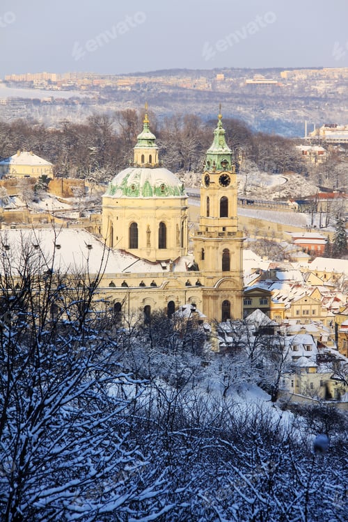 Preview: First Snow In Prague, St. Nicholas' Cathedral In The Sunny Day