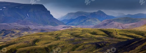 Preview: Beautiful Icelandic Landscape. Green Volcanic Mountains In Cloudy Weather.