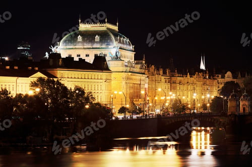 Preview: The Night View On The Prague National Theater Above The River Vltava, Czech Republic