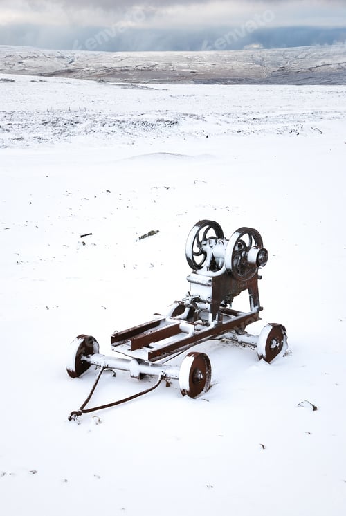 Preview: Old Gang Lead Mine In Snow With Abandoned Machinery, Swaledale, Yorkshire Dales. Uk
