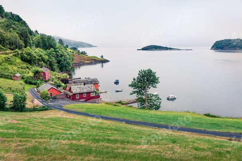 Preview: Typical Countryside Norwegian Landscape. Misty Summer Morning In Norway, Europe. Beauty Of Nature
