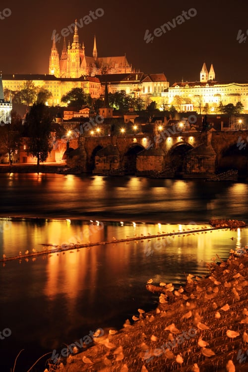 Preview: Colorful Prague Gothic Castle With Charles Bridge In The Night