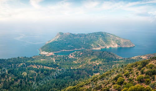 Preview: Aerial Spring View Of Asos Peninsula And Town. Colorful Morning Seascape Of Ionian Sea. Amazing