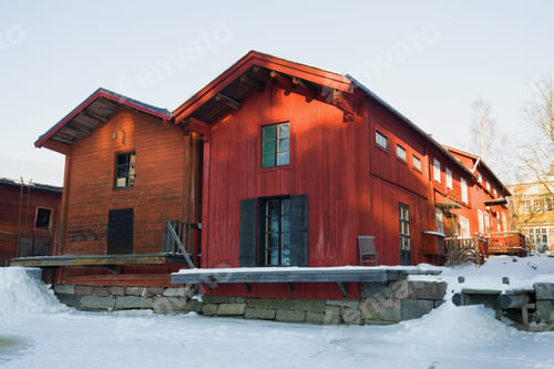 Aperçu: Two Old Wooden Houses Close-Up On A February Frosty Day. Old Porvoo, Finland