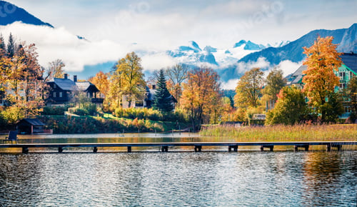 Preview: Colorful Autumn Scene Of Altausseer See Lake. Sunny Morning View Of Altaussee Village, District Of