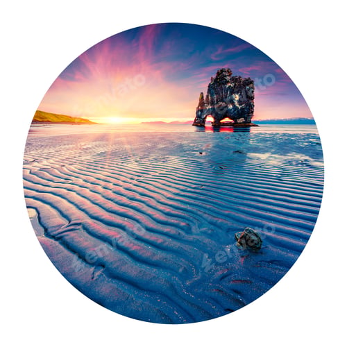 Preview: Round Icon Of Nature With Landscape. Huge Basalt Stack Hvitserkur On The Eastern Shore Of The