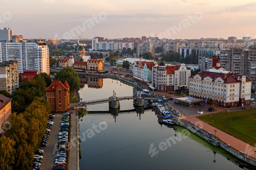 Preview: Morning In Kaliningrad. River Pregolya, Embankment Of The Fish Village And The Jubilee Bridge