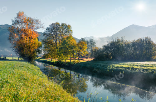 Preview: Sunny Morning Scene Near Zell Lake. Foggy Autumn View Of Austrian Alps. Beauty Of Nature Concept