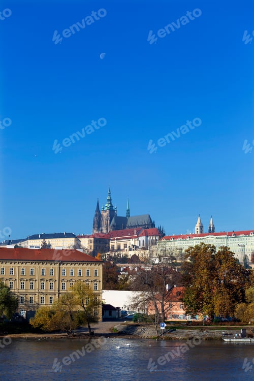 Preview: Autumn Colorful Prague Lesser Town With Gothic Castle Above River Vltava In The Sunny Day, Czech
