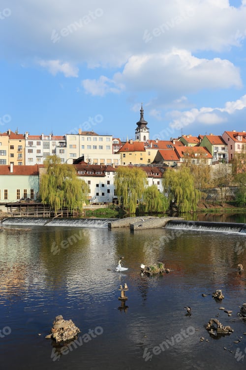 Preview: Colorful Spring Medieval Town Pisek Above The River Otava, Czech Republic