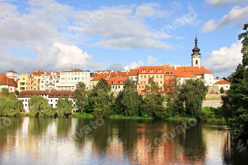 Preview: The Colorful Medieval Town Pisek In Czech Republic With Gothic Deanery Church Above The River Otava