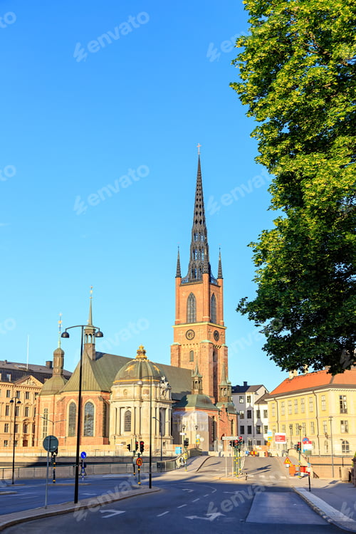 Preview: Stockholm, Sweden. Riddarholmen Church. Against The Backdrop Of A Clear Blue Sky