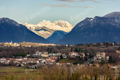 Preview: Winter Panorama Between Cassacco And Tricesimo. From The Hills To The Snow-Capped Mountains. Sunrise