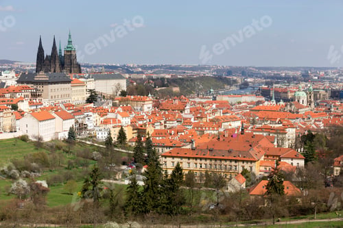 Preview: Spring Prague City With Gothic Castle And The Green Nature And Flowering Trees, Czech Republic