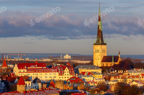 Preview: A View Of The Old Town And The Church Of St. Olaf At Dawn. Tallinn. Estonia.