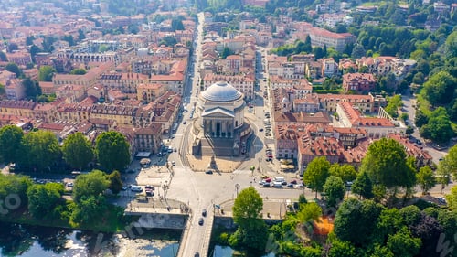 Preview: Turin, Italy. Flight Over The City. Catholic Parish Church Gran Madre Di Dio, Aerial View
