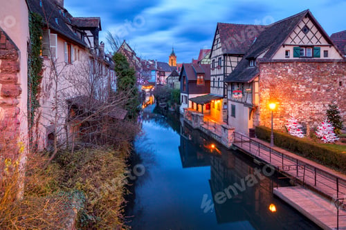 Preview: Scenic View Of Old Medieval Houses On The Canal At Sunset. Colmar. Alsace France.