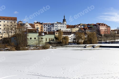 Preview: Colorful Royal Snowy Medieval Town Pisek Above The Frozen River Otava, Czech Republic