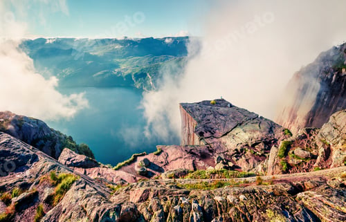 Preview: Aerial Morning View Of Popular Norwegian Attraction Preikestolen. Foggy Summer Scene Of The