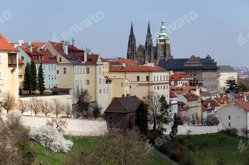 Preview: Spring Prague City With Gothic Castle And The Green Nature And Flowering Trees, Czech Republic