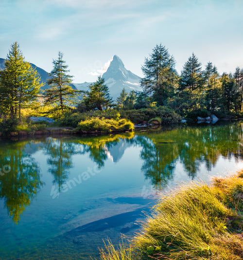 Preview: Splendid Morning View Of Grindjisee Lake. Fantastic Summer Scene Of Matterhorn (Monte Cervino, Mont
