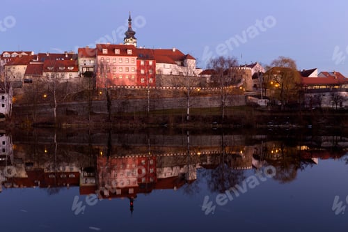 Preview: Evening Winter Royal Medieval Town Pisek With The Castle Above The River Otava, Czech Republic