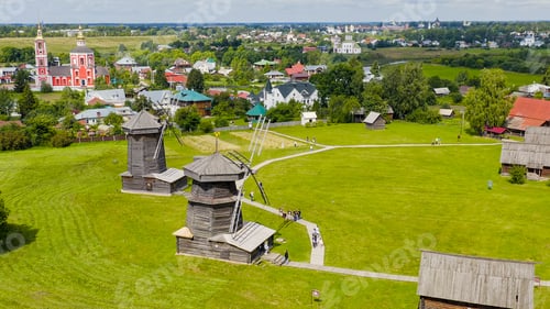 Preview: Suzdal, Russia. Flight. Wooden Windmills Of The 18Th-19Th Centuries, Aerial View