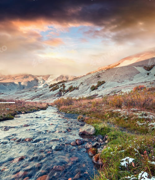 Preview: Colorful Autumn Scene In The Caucasus Mountains With A Pure Water Creek. Foggy Morning View Of The