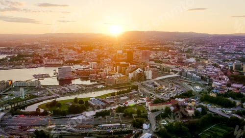 Preview: Oslo, Norway. City View During Sunset. Back Light. The Central Part Of The City, From Drone