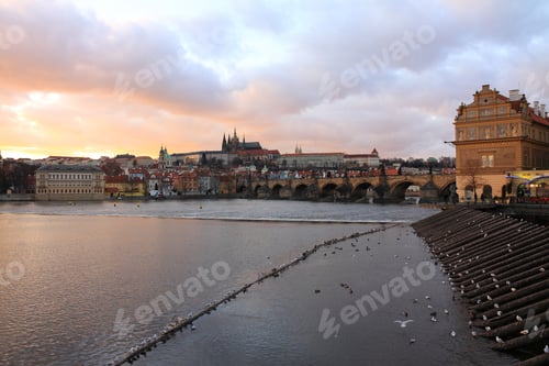 Preview: Prague Gothic Castle With Charles Bridge After Sunset, Czech Republic