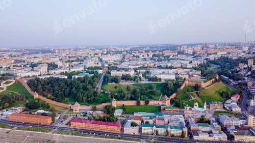 Preview: Aerial View Of The Nizhny Novgorod Kremlin From The River Side During Sunset. Nizhny Novgorod