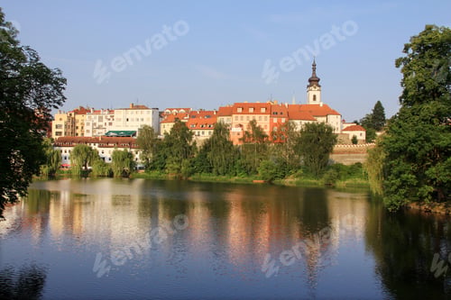 Preview: The Colorful Medieval Town Pisek In Czech Republic With Gothic Deanery Church Above The River Otava