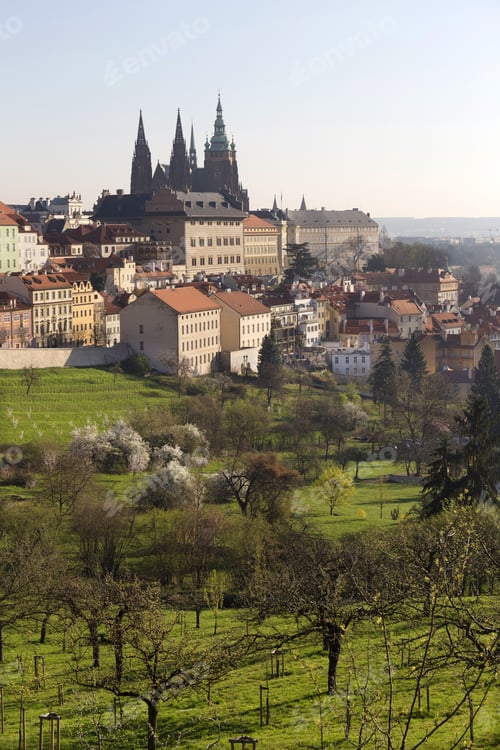 Preview: Spring Early Morning Prague City With Gothic Castle In The Green Nature, Czech Republic