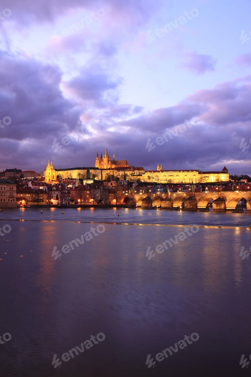 Preview: The View On Prague Gothic Castle With Charles Bridge After Sunset, Czech Republic