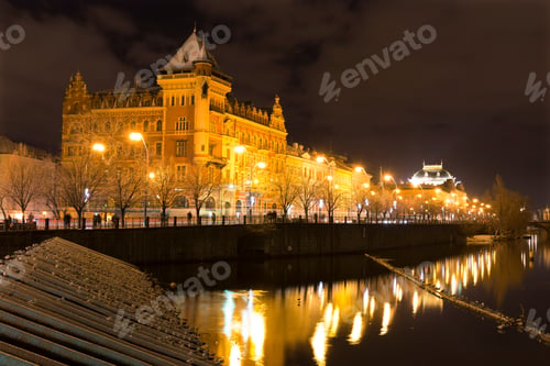 Preview: Night Snowy Prague Old Town From Charles Bridge, Czech Republic