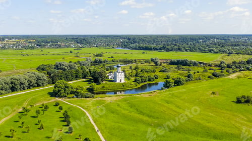 Preview: Russia, Bogolyubovo. Aerial View Of Church Of The Intercession On The Nerl. Orthodox Church And A