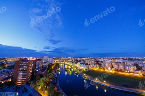 Preview: Lights Evening Kaliningrad. River Pregolya, Embankment Of The Fish Village And The Jubilee Bridge