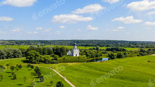 Preview: Russia, Bogolyubovo. Aerial View Of Church Of The Intercession On The Nerl. Orthodox Church And A